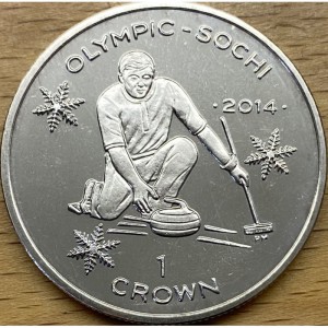 Реверс монеты Остров Мэн, 1 крона, 2013-2014, XXII зимние Олимпийские Игры, Сочи 2014 - Кёрлинг
