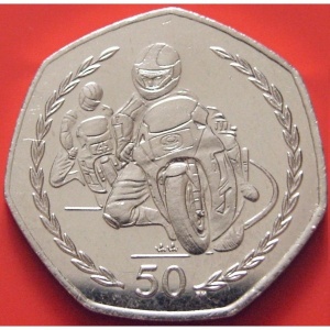 Реверс монеты Остров Мэн, 50 пенсов, 1998-1999, Мотогонки "Tourist Trophy"