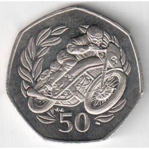 Реверс монеты Остров Мэн, 50 пенсов, 1999, Мотогонки "Tourist Trophy" /один мотоциклист/
