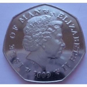 Аверс монеты Остров Мэн, 50 пенсов, 2009, 50 лет Чемпионату мира по автогонкам