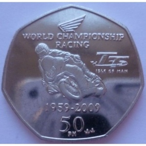 Реверс монеты Остров Мэн, 50 пенсов, 2009, 50 лет Чемпионату мира по автогонкам