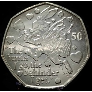 Реверс монеты Остров Мэн, 50 пенсов, 2021, Приключения Алисы в Стране чудес - Белый Кролик