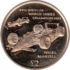 Реверс монеты Остров Мэн, 2 фунта, 1994, Чемпион PPG IndyCar 1993 - Найджел Мэнселл