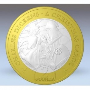 Реверс монеты Остров Мэн, 2 фунта, 2020, Рождественская песнь в прозе - Скрудж и призраки прошедшего и наступающего Р…