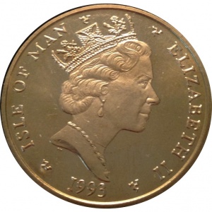 Аверс монеты Остров Мэн, 5 фунтов, 1993, Чемпион мира в формуле F1 1992 - Найджел Мэнселл