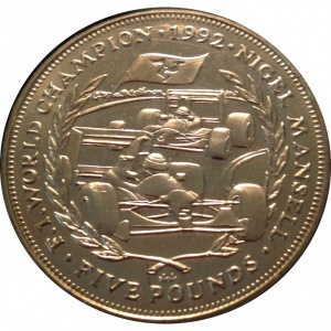 Реверс монеты Остров Мэн, 5 фунтов, 1993, Чемпион мира в формуле F1 1992 - Найджел Мэнселл
