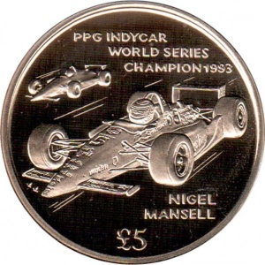 Реверс монеты Остров Мэн, 5 фунтов, 1994, Чемпион PPG IndyCar 1993 - Найджел Мэнселл