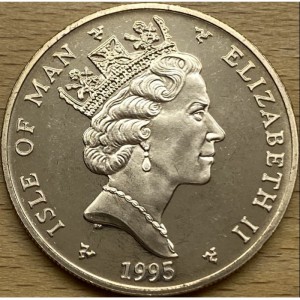 Аверс монеты Остров Мэн, 5 фунтов, 1995, 50 лет окончанию Второй Мировой Войны