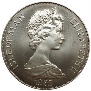 Аверс монеты Остров Мэн, 1 крона, 1982, Чемпионат мира по футболу 1982, Испания - гербы