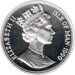 Аверс монеты Остров Мэн, 1 крона, 1990, Чемпионат мира по футболу, Италия 1990 - Болонья, Генуя, Кальяри