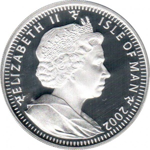 Аверс монеты Остров Мэн, 1 крона, 2002, XIX зимние Олимпийские Игры, Солт-Лейк-Сити 2002 - Лыжный спорт