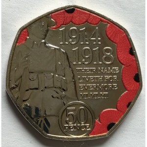 Реверс монеты Остров Мэн, 50 пенсов, 2018, 100 лет окончанию Первой Мировой войны, Цветное покрытие