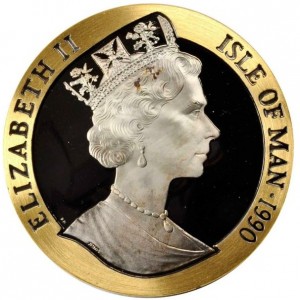 Аверс монеты Остров Мэн, 5 крон, 1990, 150 лет первой почтовой марке "Чёрный пенни"