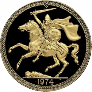 Реверс монеты Остров Мэн, 5 фунтов, 1973-1982, Викинг верхом на лошади