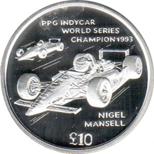 Реверс монеты Остров Мэн, 10 фунтов, 1994, Чемпион PPG IndyCar 1993 - Найджел Мэнселл