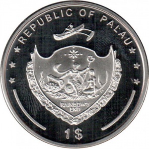 Аверс монеты Палау, 1 доллар, 2009, Вымирающие виды - Zebrasoma veliferum
