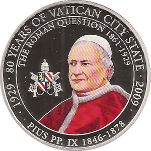 Реверс монеты Палау, 1 доллар, 2009, 80 лет Государству Ватикан. Папа Пий IX