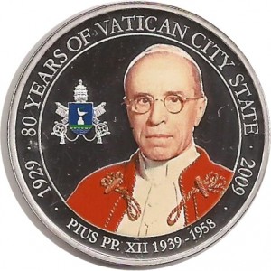 Реверс монеты Палау, 1 доллар, 2009, 80 лет Государству Ватикан. Папа Пий XII