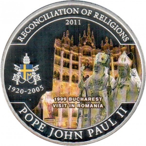 Реверс монеты Палау, 1 доллар, 2011, Папа Иоанн Павел II - Визит Папы в Румынию 1999