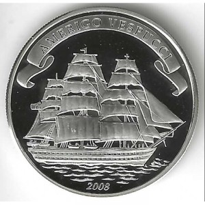 Реверс монеты Палау, 2 доллара, 2008, Парусное судно "Америго Веспуччи"