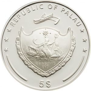 Аверс монеты Палау, 5 долларов, 2009, Остробрамская икона Божией Матери