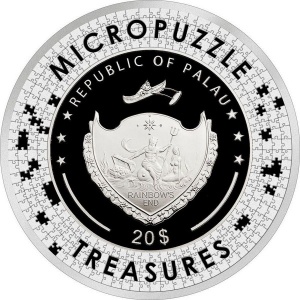 Аверс монеты Палау, 20 долларов, 2022, Сокровища микропаззлов - Пара под зонтиком