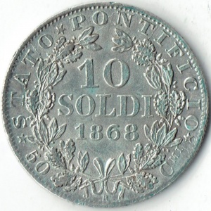 Реверс монеты Папская область, 10 сольдо, 1866-1868, Надпись "PIVS·IX·PON·" на аверсе