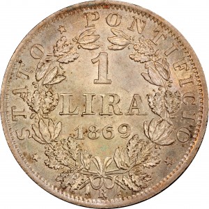 Реверс монеты Папская область, 1 лира, 1868-1869