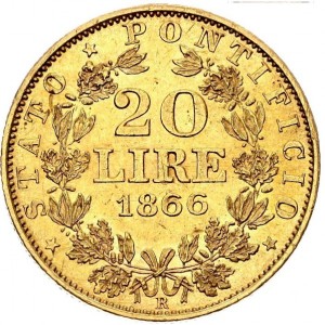 Реверс монеты Папская область, 20 лир, 1866-1870