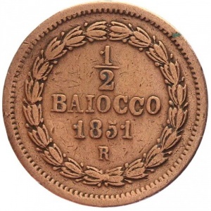 Реверс монеты Папская область, ½ байокко, 1850-1852