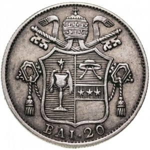 Реверс монеты Папская область, 20 байокко, 1834