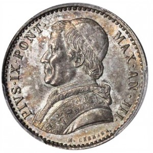 Аверс монеты Папская область, 20 байокко, 1848-1856
