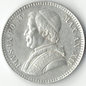 Аверс монеты Папская область, 20 байокко, 1858