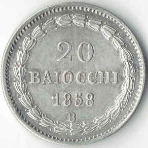 Реверс монеты Папская область, 20 байокко, 1858