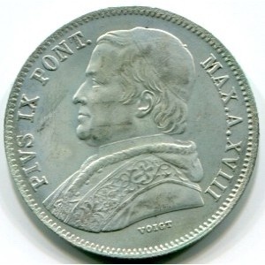 Аверс монеты Папская область, 20 байокко, 1858-1865