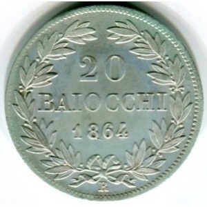 Реверс монеты Папская область, 20 байокко, 1858-1865