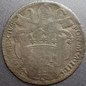 Аверс монеты Папская область, 1 карлино, 1777, Корона над ключами и гербом на аверсе