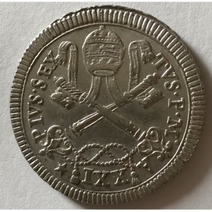 Аверс монеты Папская область, 25 байокко, 1795-1796, Надпись в картуше на реверсе