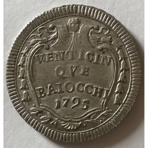Реверс монеты Папская область, 25 байокко, 1795-1796, Надпись в картуше на реверсе