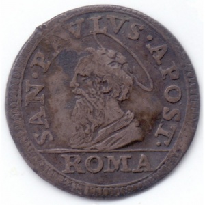 Реверс монеты Папская область, ½ гроссо, 1676, Бюст Святого Павла влево
