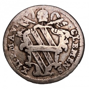 Аверс монеты Папская область, 1 гроссо, 1736-1738, Надпись на реверсе: "IN CIBOS PAVPER VM" в картуше
