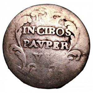Реверс монеты Папская область, 1 гроссо, 1736-1738, Надпись на реверсе: "IN CIBOS PAVPER VM" в картуше