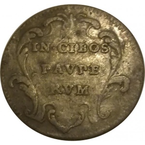 Реверс монеты Папская область, 1 гроссо, 1736-1737, Надпись на реверсе: "IN CIBOS PAVPERVM" в венке