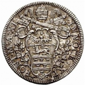 Аверс монеты Папская область, 1 джулио, 1686, Надпись в венке на реверсе