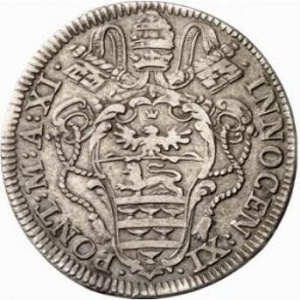 Аверс монеты Папская область, 1 джулио, 1686, Надпись в картуше на реверсе