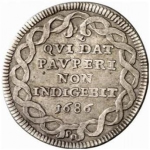 Реверс монеты Папская область, 1 джулио, 1686, Надпись в картуше на реверсе