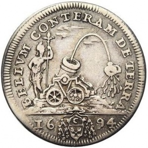 Реверс монеты Папская область, 1 джулио, 1694, Пушка на реверсе