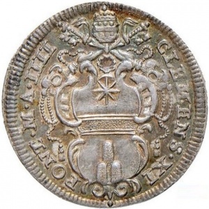 Аверс монеты Папская область, 1 джулио, 1704, Надпись на реверсе: "NOLI LABORARE VT DITERIS"