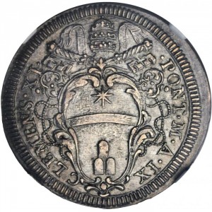 Аверс монеты Папская область, 1 джулио, 1704-1709, Надпись: "NON CONCVPI SCES ARGENTVM" в картуше на реверсе