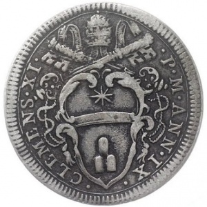 Аверс монеты Папская область, 1 джулио, 1709, Надпись: "NON CONCVPI SCES ARGENTVM" в венке на реверсе